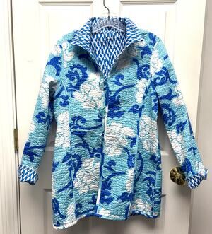 Patty Kim Jacket Blue White Quilted Floral Reversible Geometric Cotton Womens S
